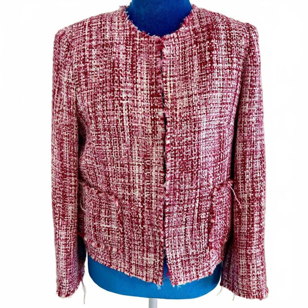 Vintage Y2K CACHE Pink Boucle Parisian Plaid Fringe Statement Jacket Old Money 8